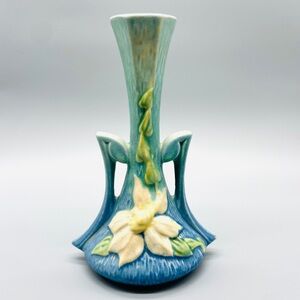 Roseville Pottery 1940s Clematis Blue Double Handled Vase #187-7